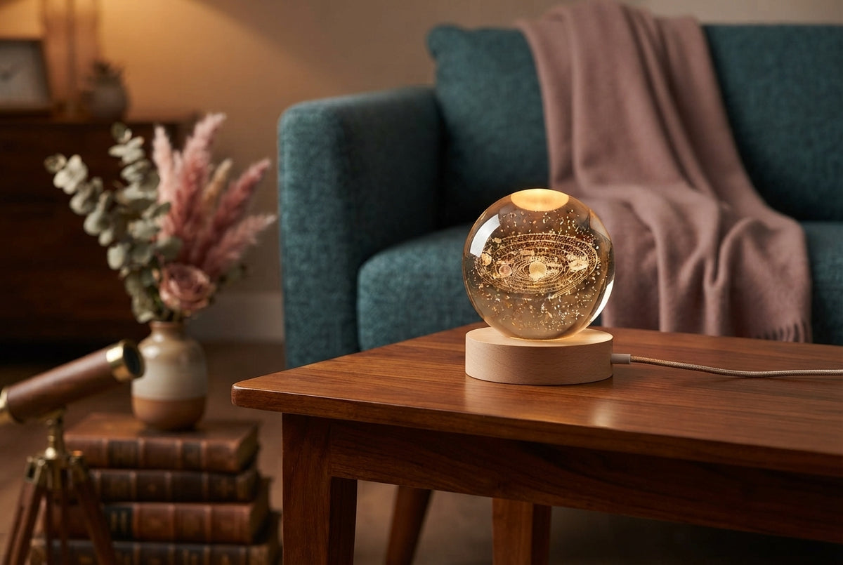 A glowing 3D crystal ball lamp on a dark wood table in a warmly lit, modern living room with dusty rose and teal accents.